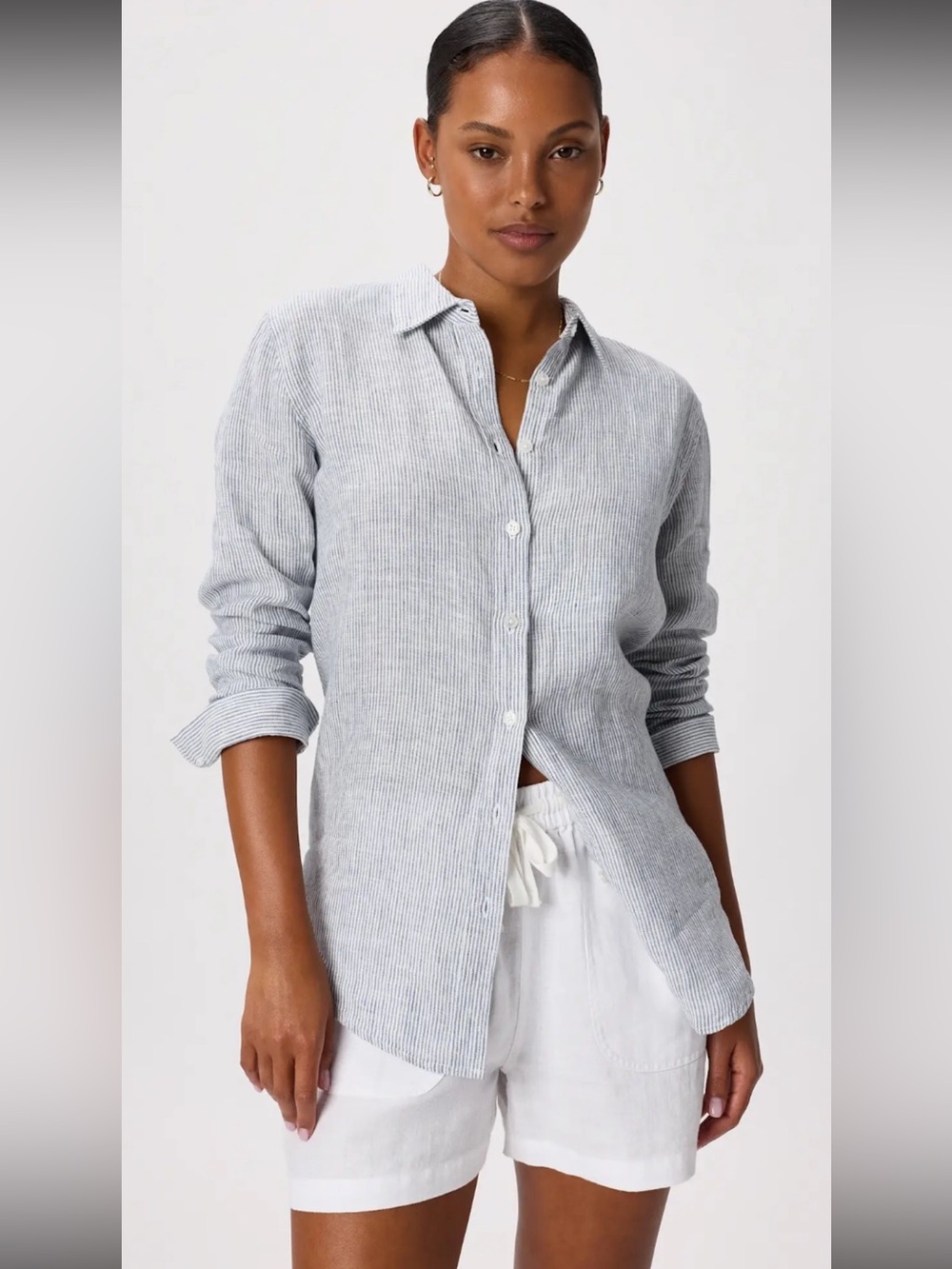Quince 100% European Linen Long Sleeve Shirt in a Blue and White Pinstripe